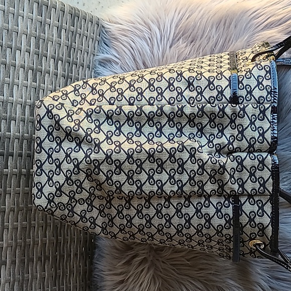 Anya Hindmarch logo blue and gray canvas tote leather handles leather